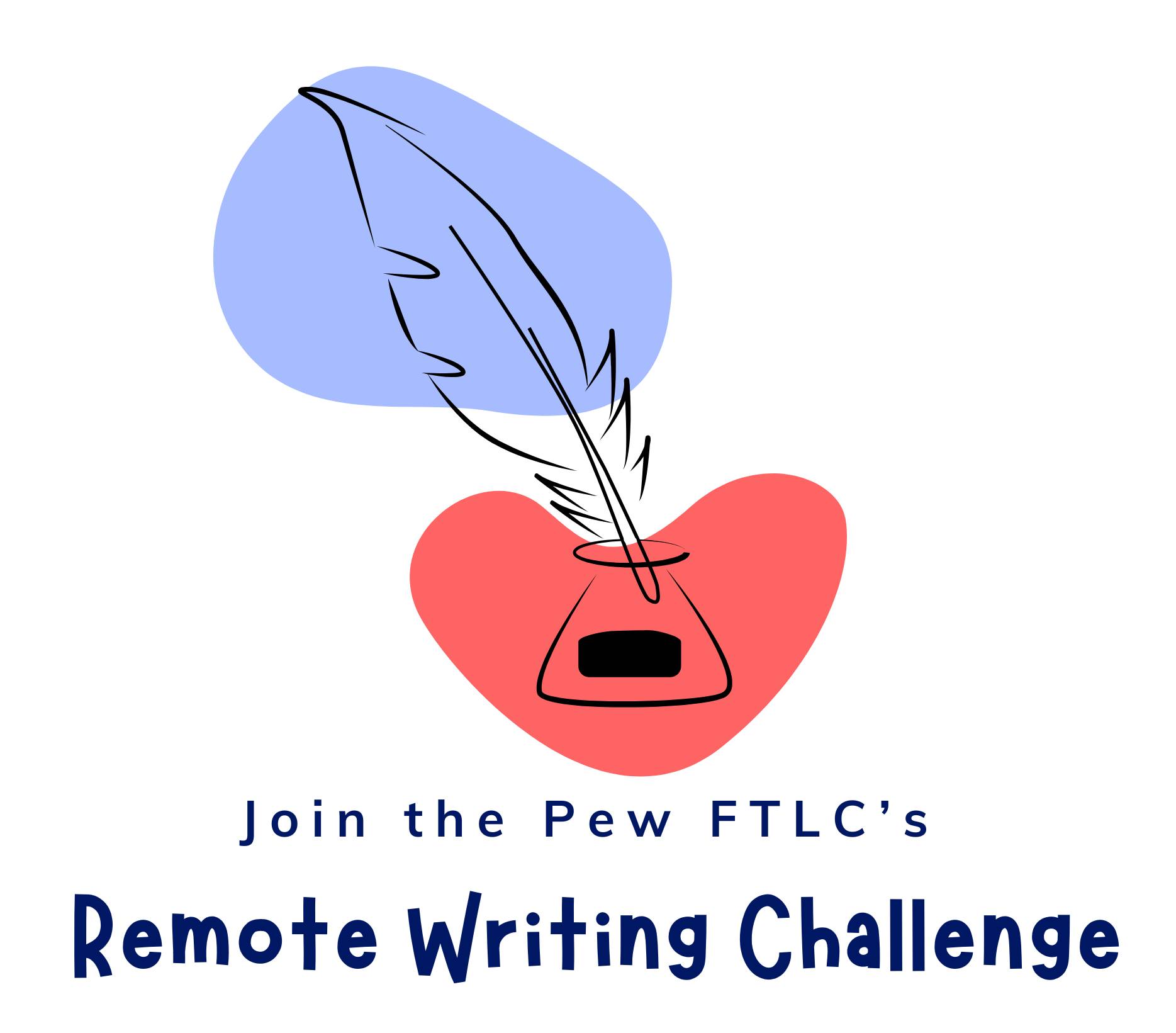 Illustration of a quill in an ink bottle over red and blue abstract shapes with event text.